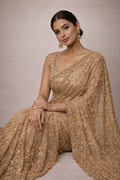 Golden Champagne Sequin Net Saree