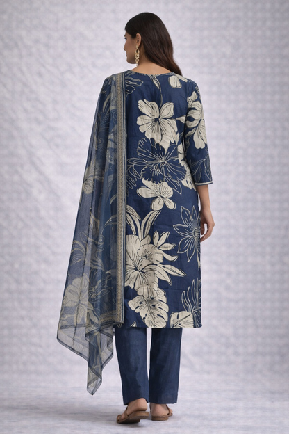 Dark Blue Floral Print Suit Set with Dupatta