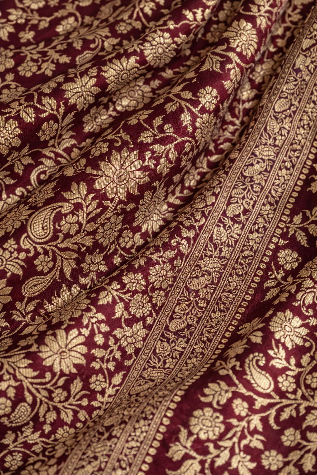 Wine Red Floral Brocade Saree