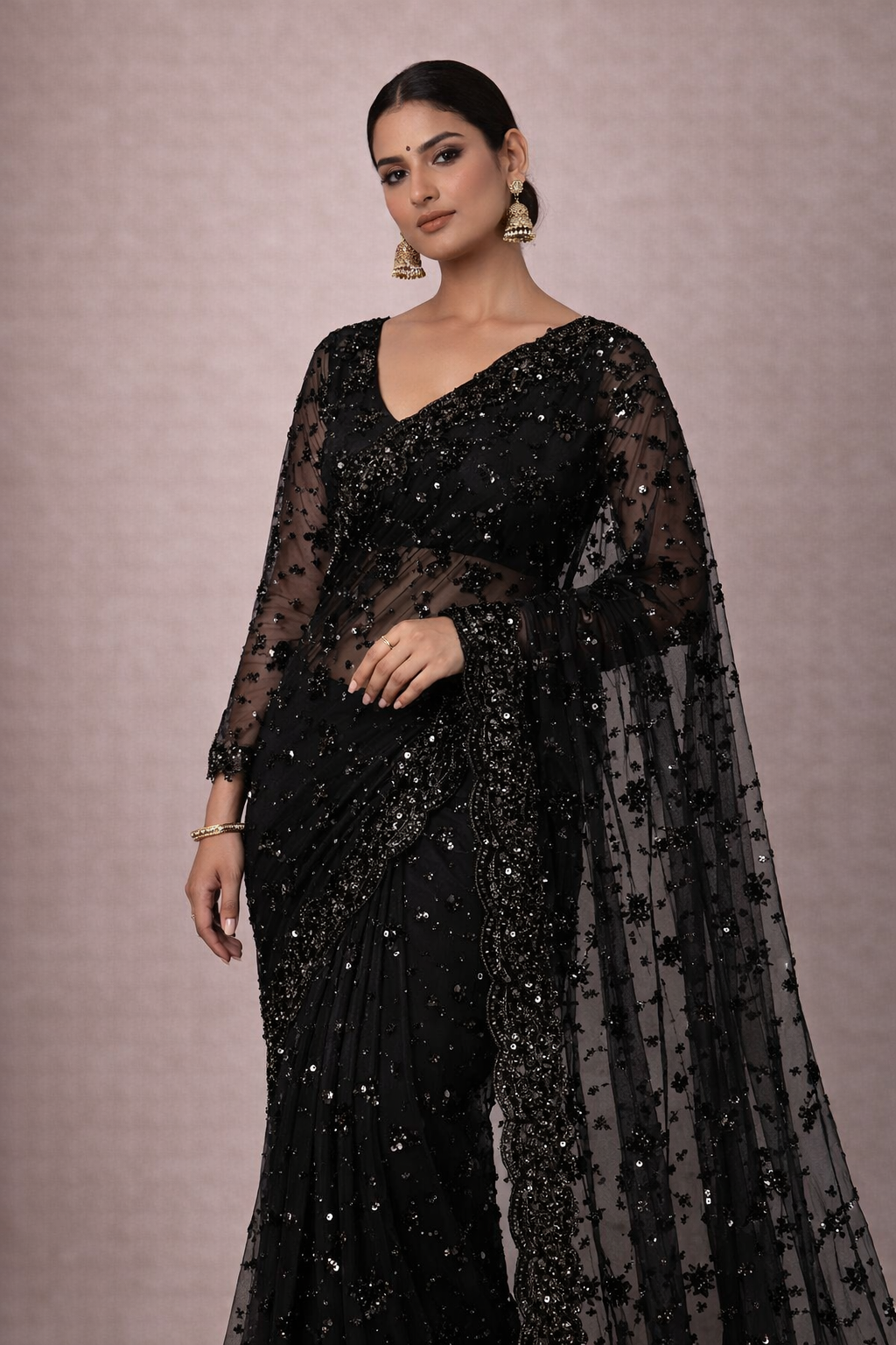 Midnight Black Sequin Designer Net Saree