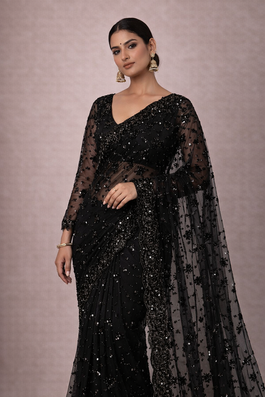 Midnight Black Sequin Designer Net Saree