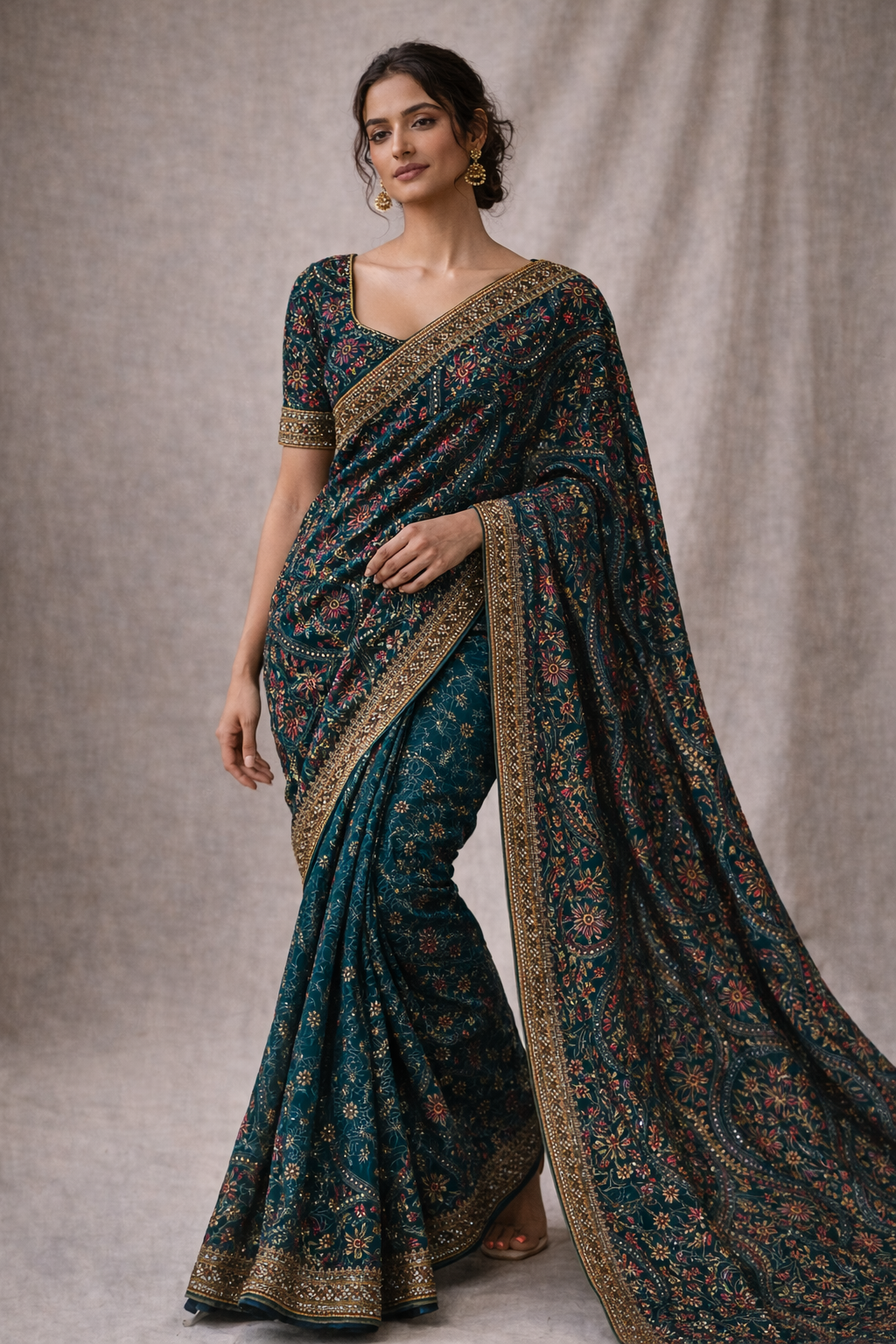 Teal Hand-Embroidered Saree with Multicolour Motifs