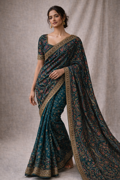 Teal Hand-Embroidered Saree with Multicolour Motifs