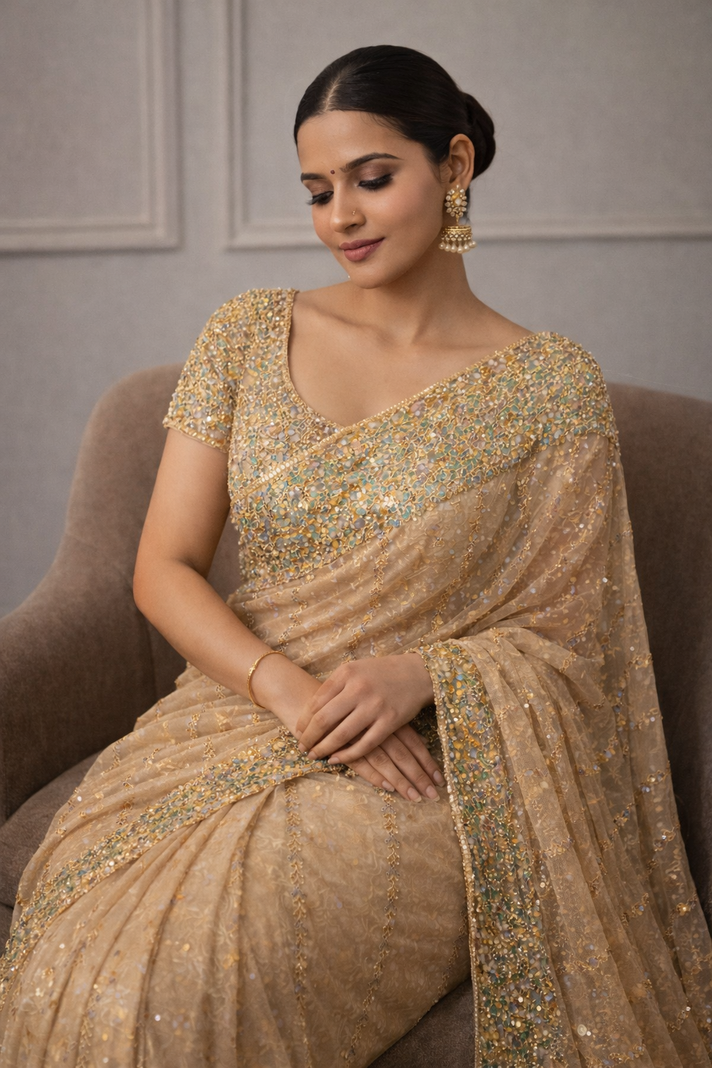 Champagne Sequin Embellished Net Saree