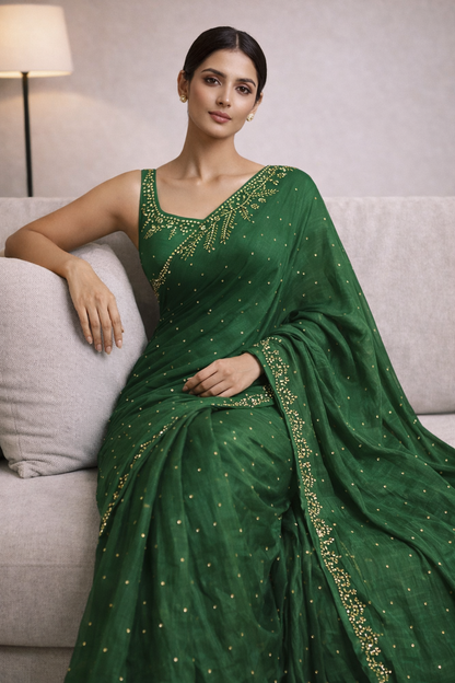 Emerald Green Hand-Embellished Saree