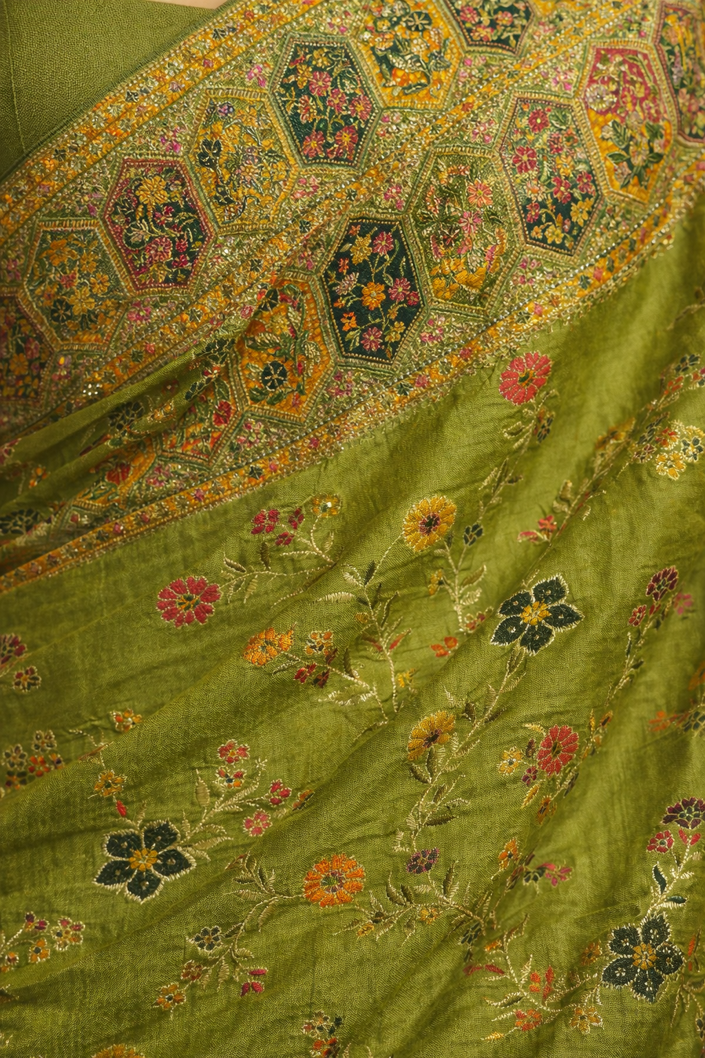 Olive Green Embroidered Saree