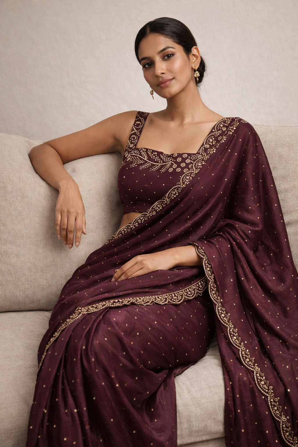 Wine Hand-Embellished Saree Set