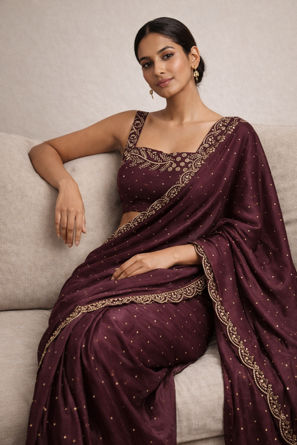 Wine Hand-Embellished Saree Set