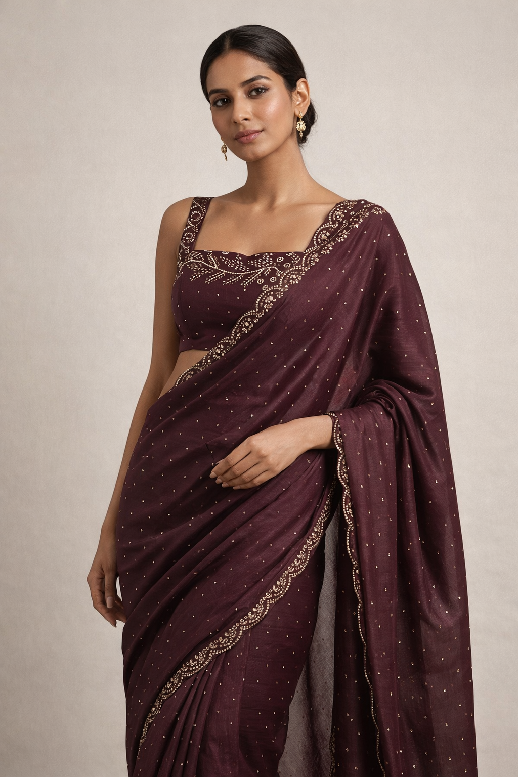 Wine Hand-Embellished Saree Set
