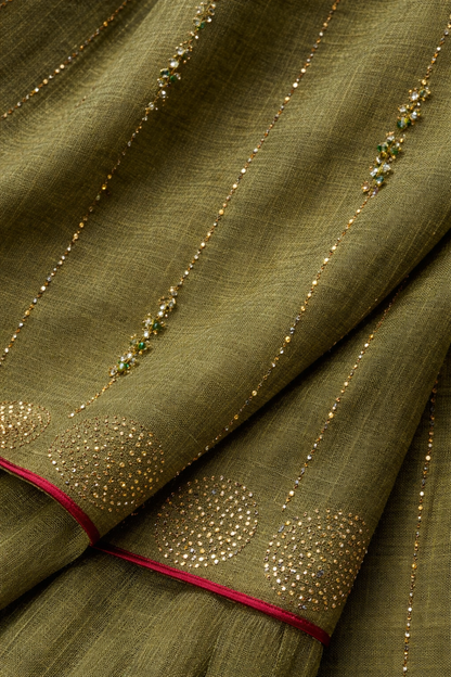 Olive Green Hand-Embellished Saree
