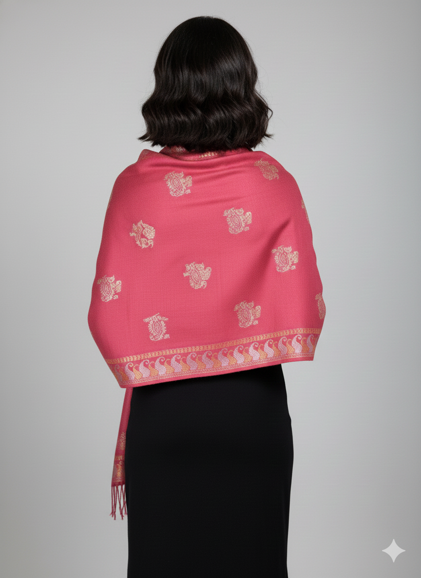 Rosewood Pink Kashmiri-Style Woolen Shawl with Gold Woven Motifs