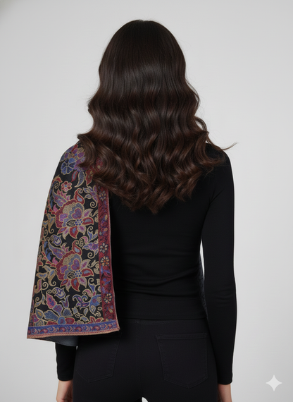 Charcoal &amp; Multicolour Kashmiri-Style Reversible Woolen Shawl