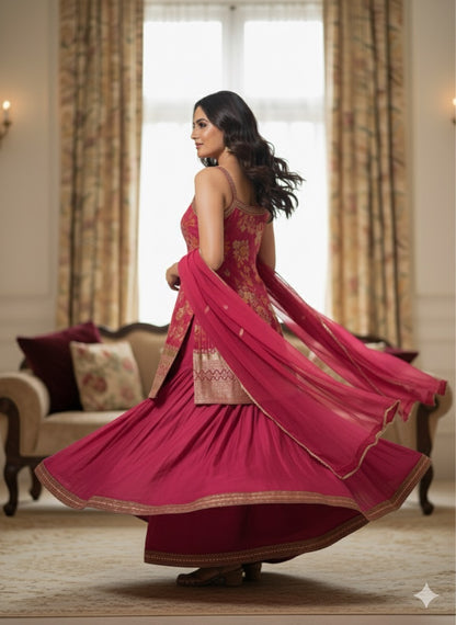 Pink Brocade Kurti &amp; Flared Sharara Set