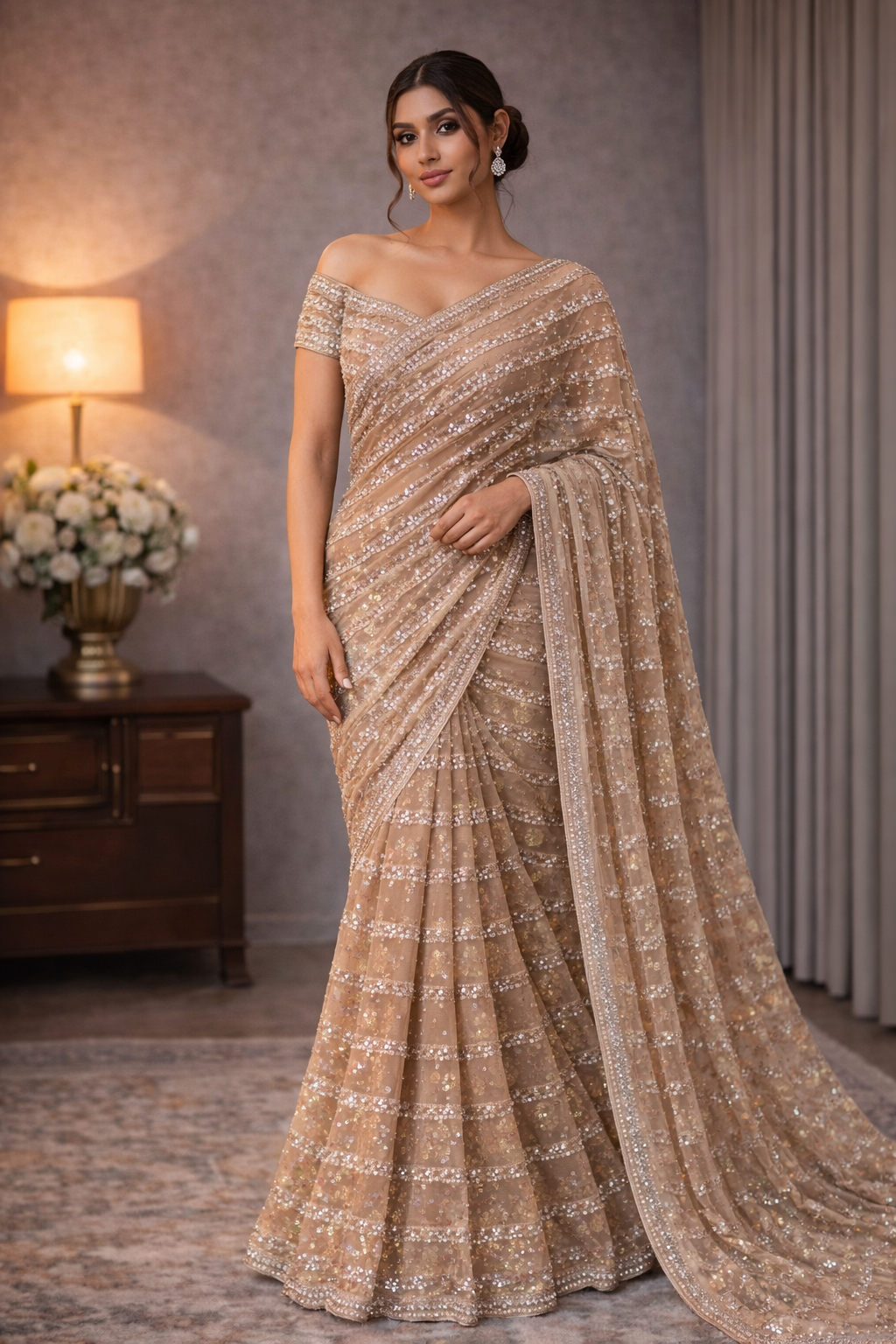 Champagne Gold Sequin Saree with Statement Blouse