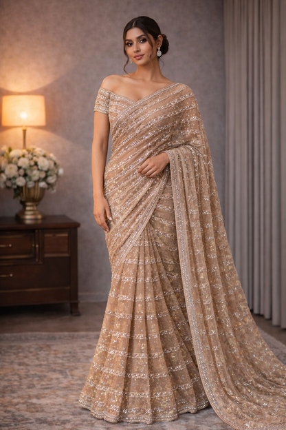 Champagne Gold Sequin Saree with Statement Blouse