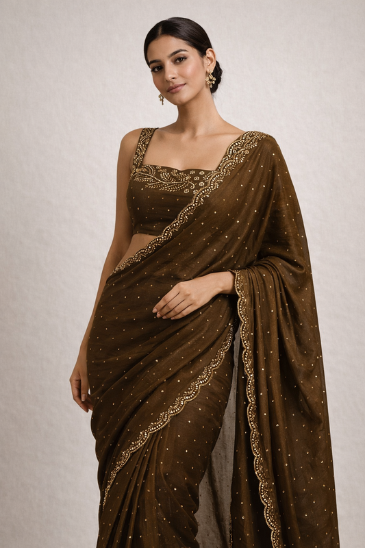 Cocoa Brown Hand-Embellished Saree