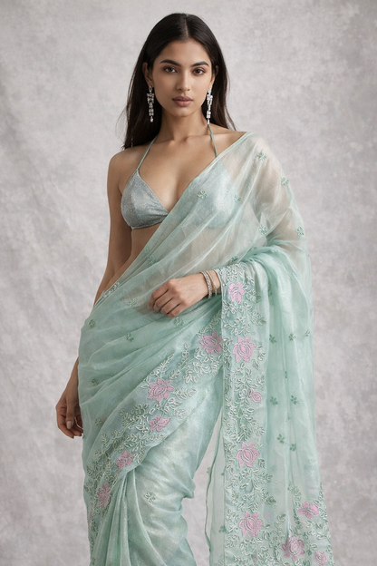 Baby Blue Floral Embroidered Organza Saree