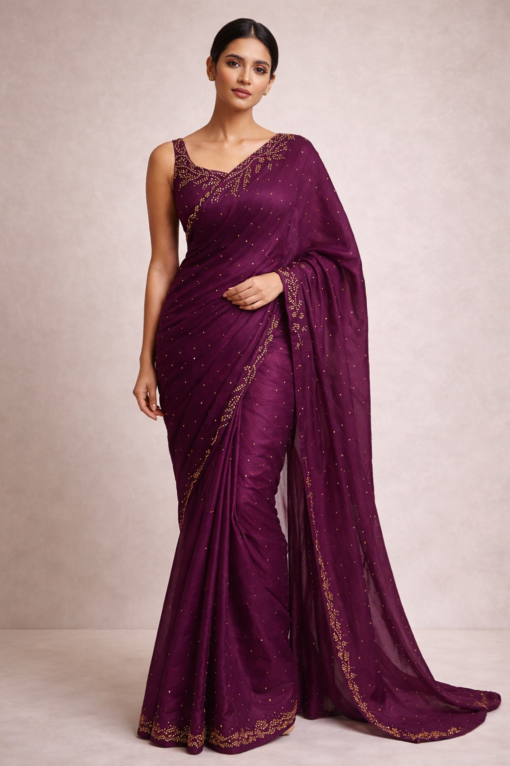 Wine Hand-Embellished Saree Set