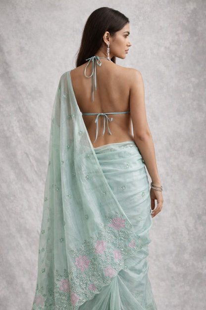 Baby Blue Floral Embroidered Organza Saree