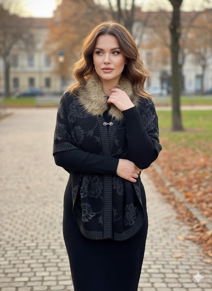 Black Fur-Collar Floral Cape