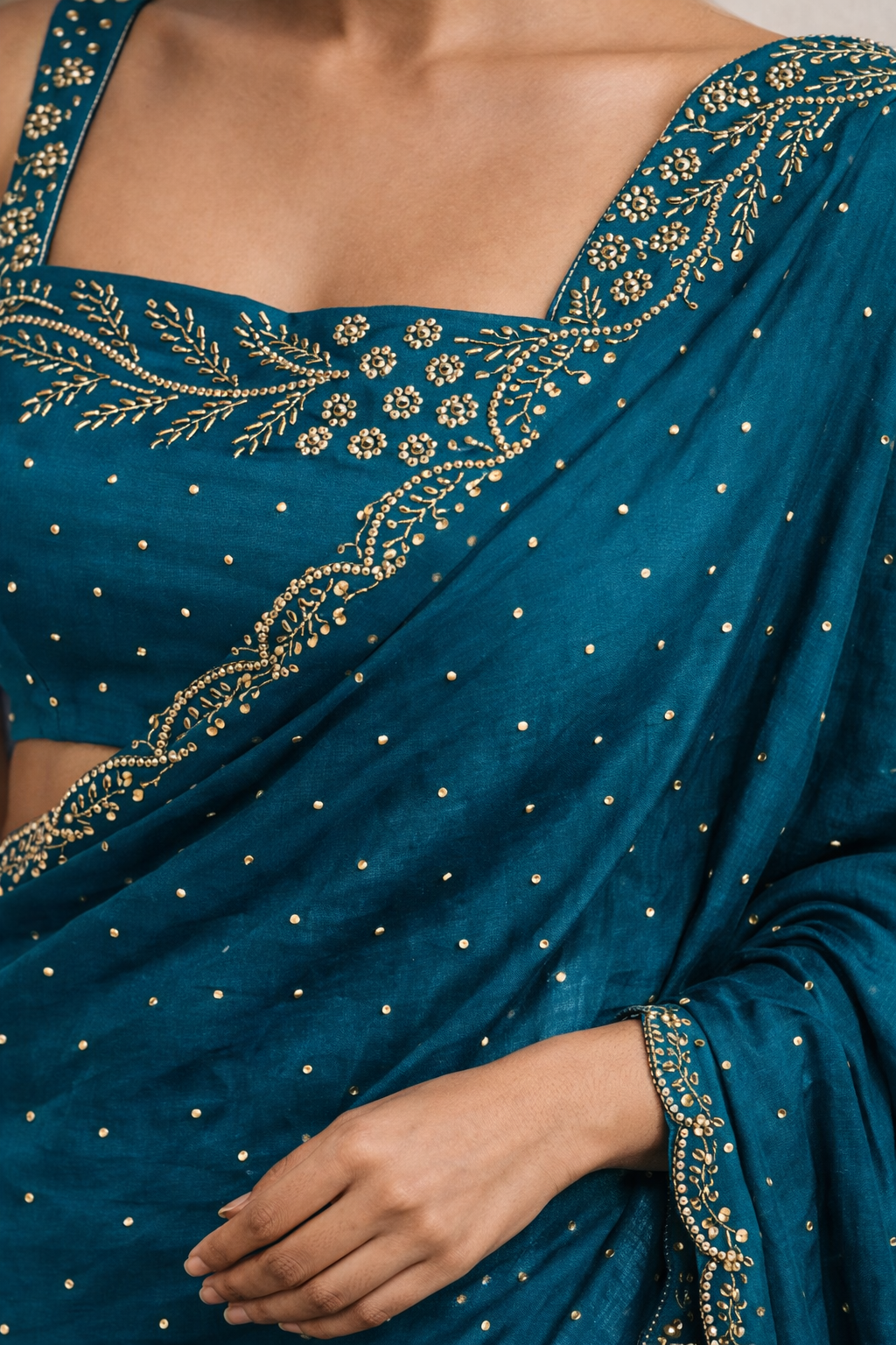 Teal Blue Hand-Embellished Saree Set