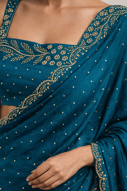Teal Blue Hand-Embellished Saree Set