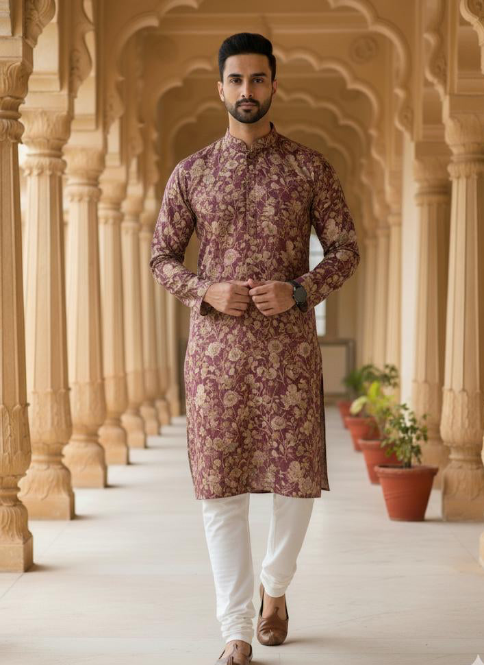 Men's Maroon Floral Print Kurta Set