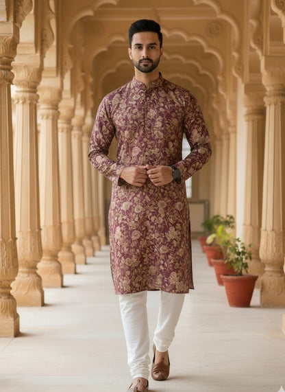 Men's Maroon Floral Print Kurta Set