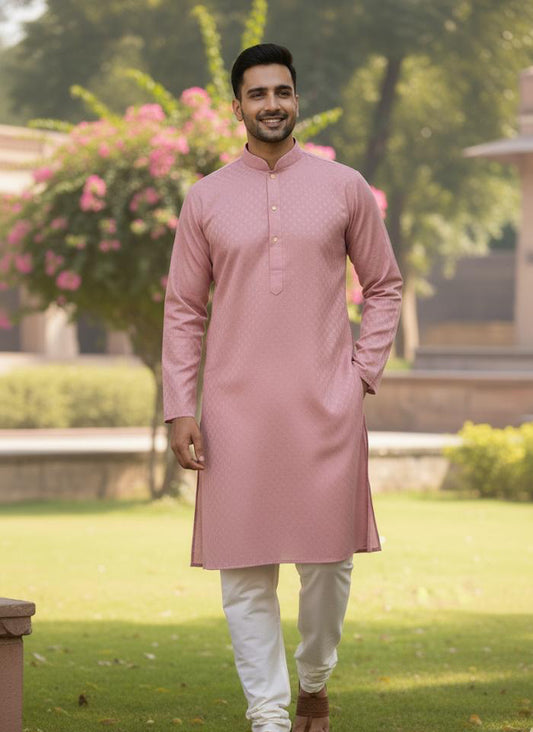 Men's Sophisticated Rose Pink Self-Design Kurta Set