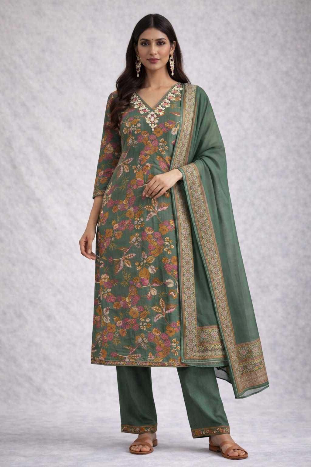 Green Printed Suit Set with Dupatta