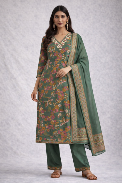 Green Printed Suit Set with Dupatta
