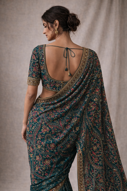 Teal Hand-Embroidered Saree with Multicolour Motifs