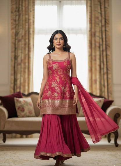 Pink Brocade Kurti &amp; Flared Sharara Set
