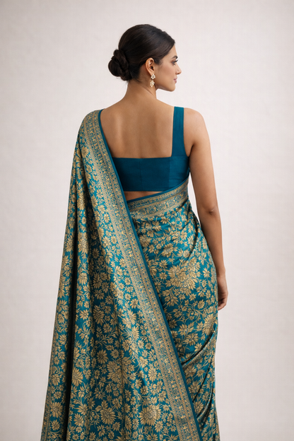 Teal Blue Floral Brocade Saree