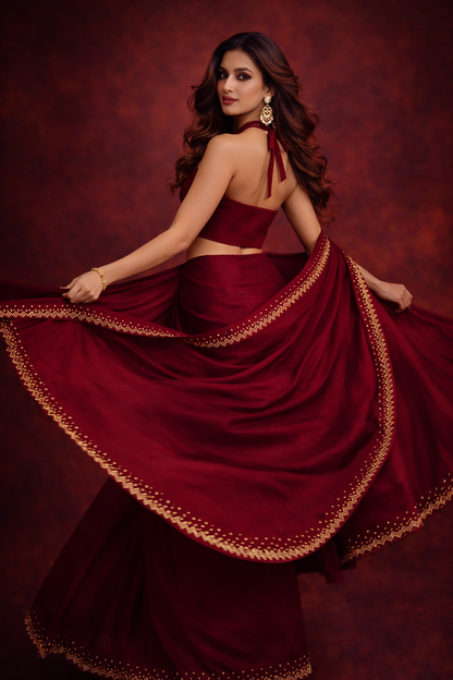 Wine Red Satin Saree with Gold Embellished Border