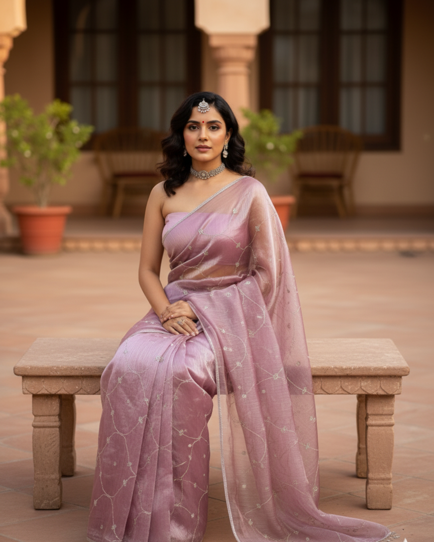 Mauve Bloom Embroidered Tissue Saree