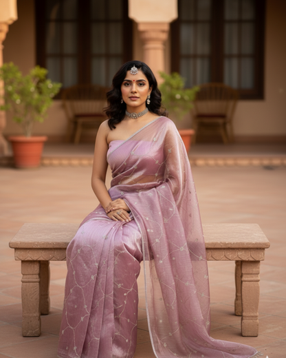 Mauve Bloom Embroidered Tissue Saree