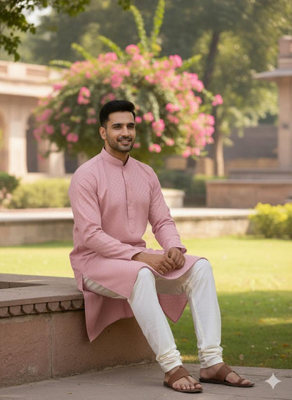 Men's Sophisticated Rose Pink Self-Design Kurta Set
