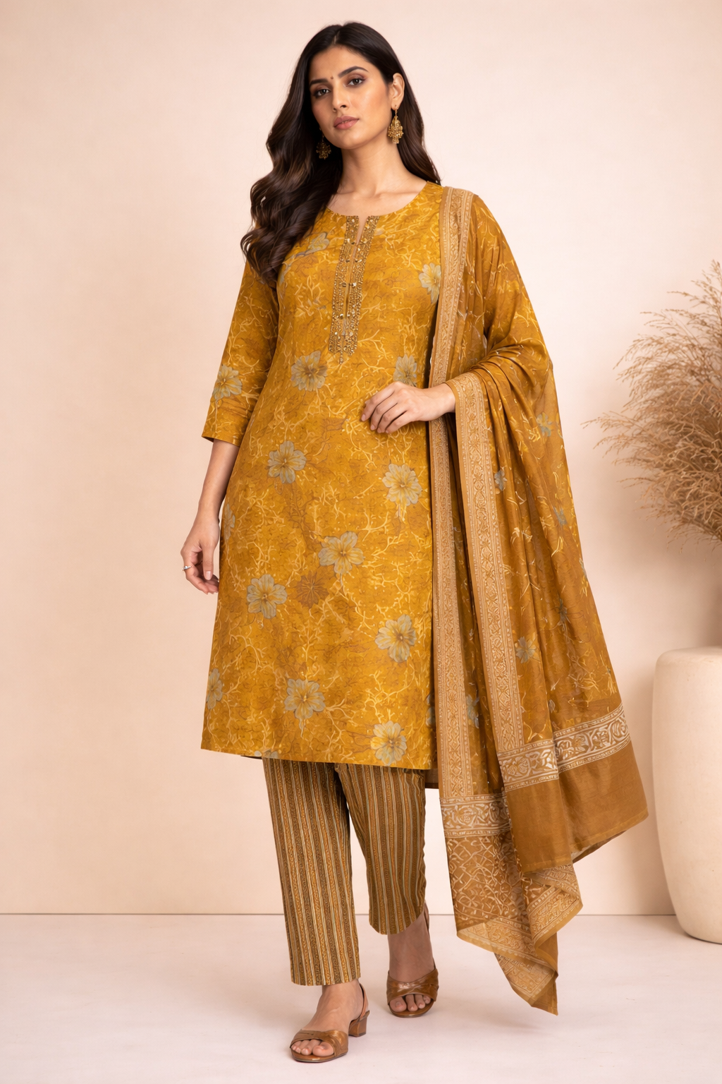 Golden Mustard Floral 3-Piece Suit Set