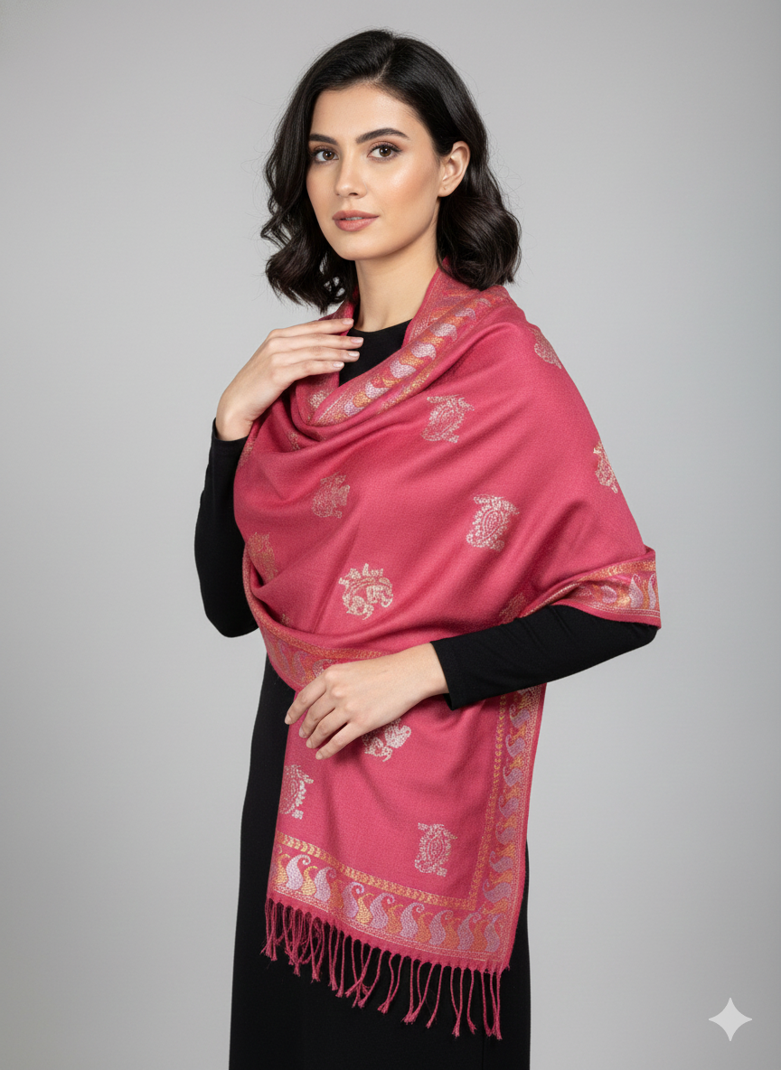 Rosewood Pink Kashmiri-Style Woolen Shawl with Gold Woven Motifs