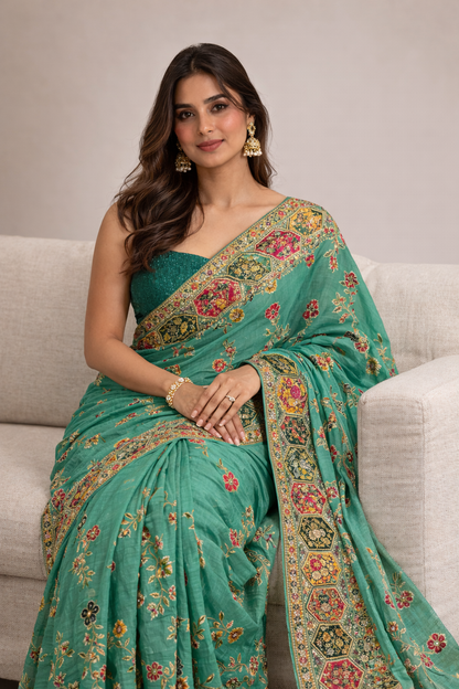 Teal Green Hand-Embellished Saree