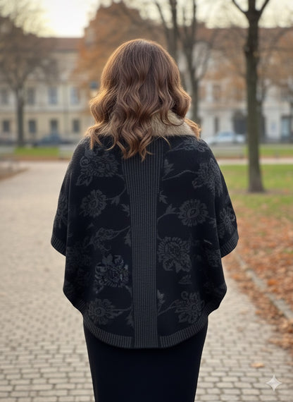 Black Fur-Collar Floral Cape
