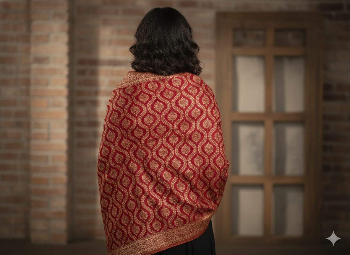 Deep Red Kashmiri-Style Woolen Shawl with Gold Woven Motifs