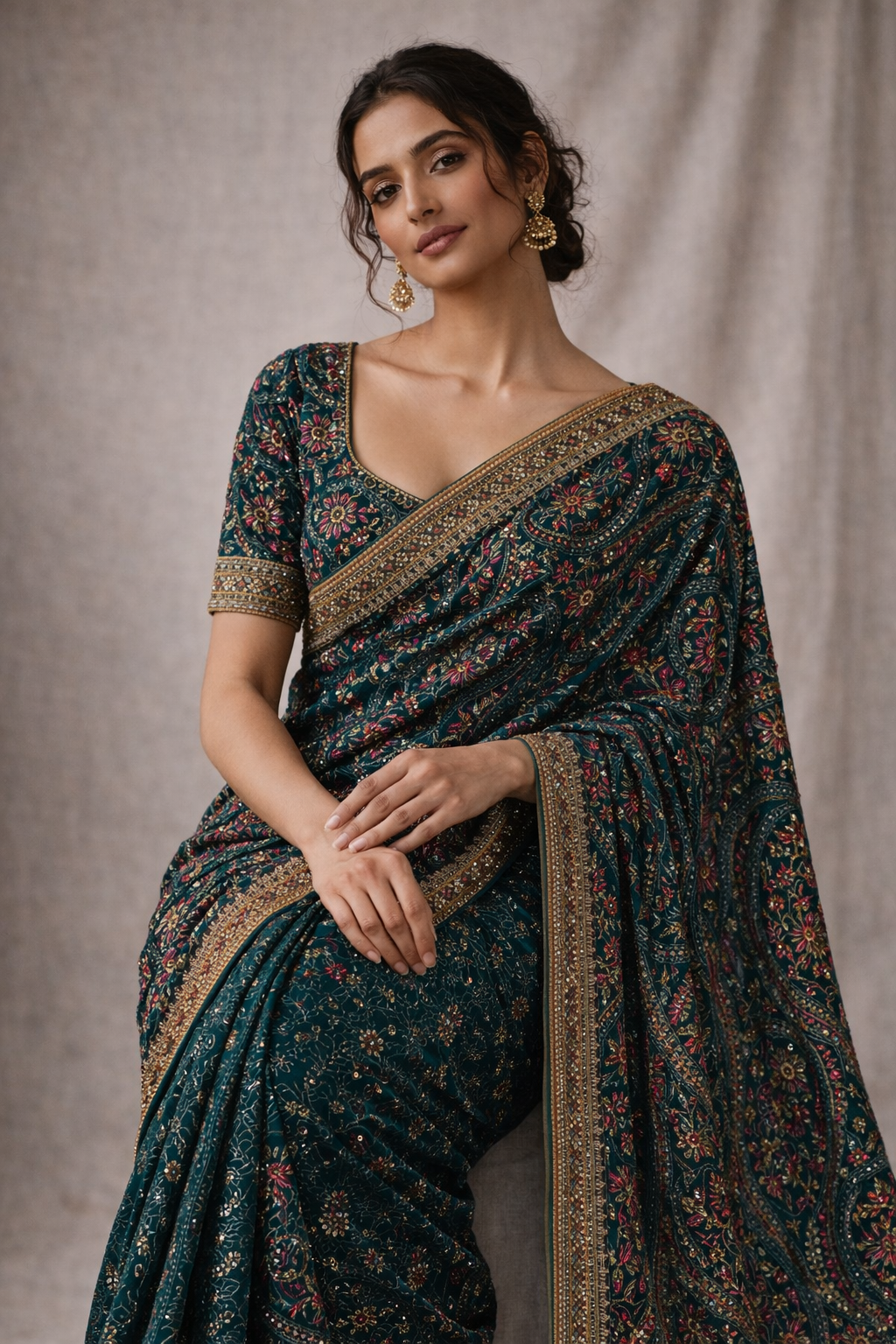 Teal Hand-Embroidered Saree with Multicolour Motifs