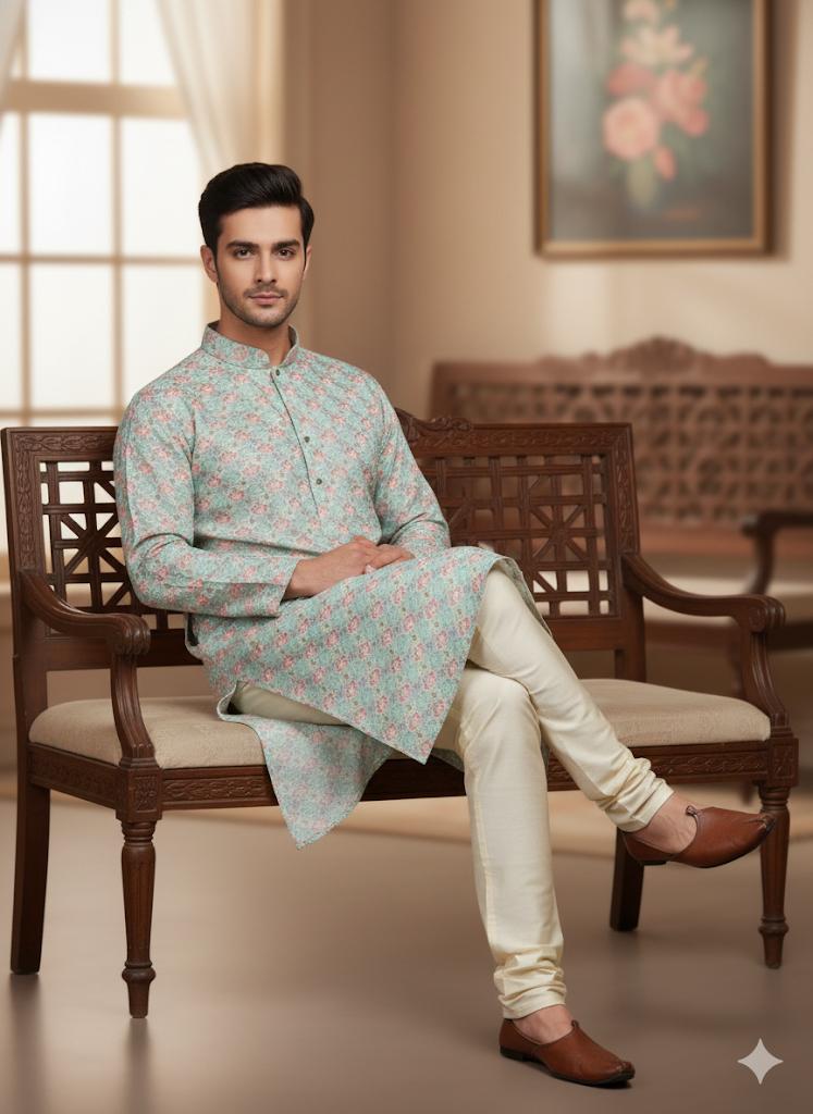 Men's Mint Green Floral Print Kurta Set with Cream Churidar
