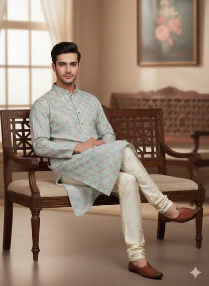 Men's Mint Green Floral Print Kurta Set with Cream Churidar