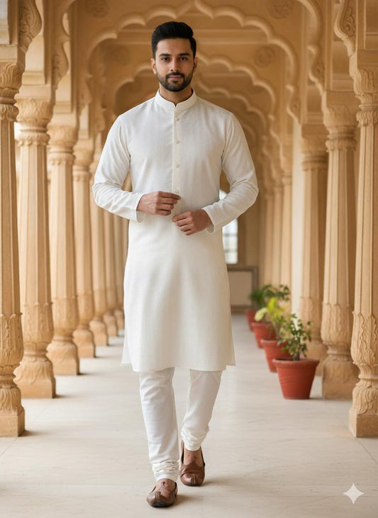Men's Textured Off-White Kurta Set