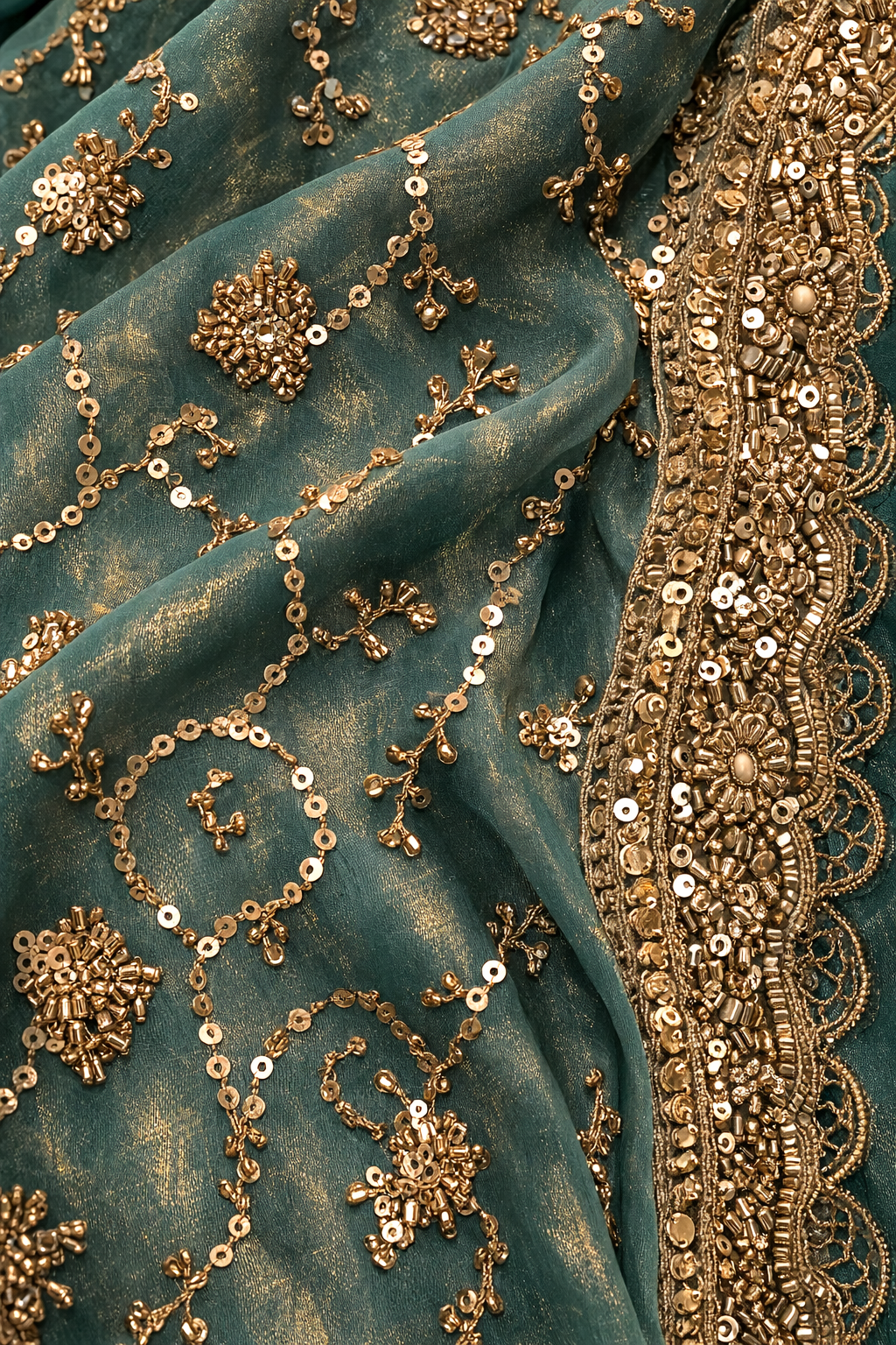 Emerald Teal Hand-Embellished Saree
