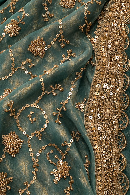 Emerald Teal Hand-Embellished Saree