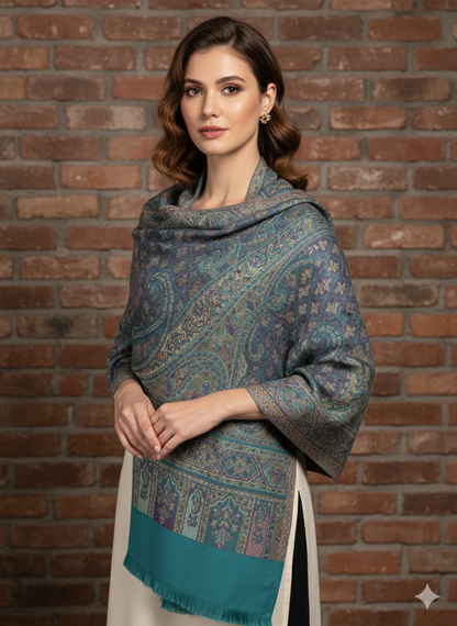 Teal &amp; Dusty Blue Kashmiri-Style Shawl with Intricate Paisley Weave